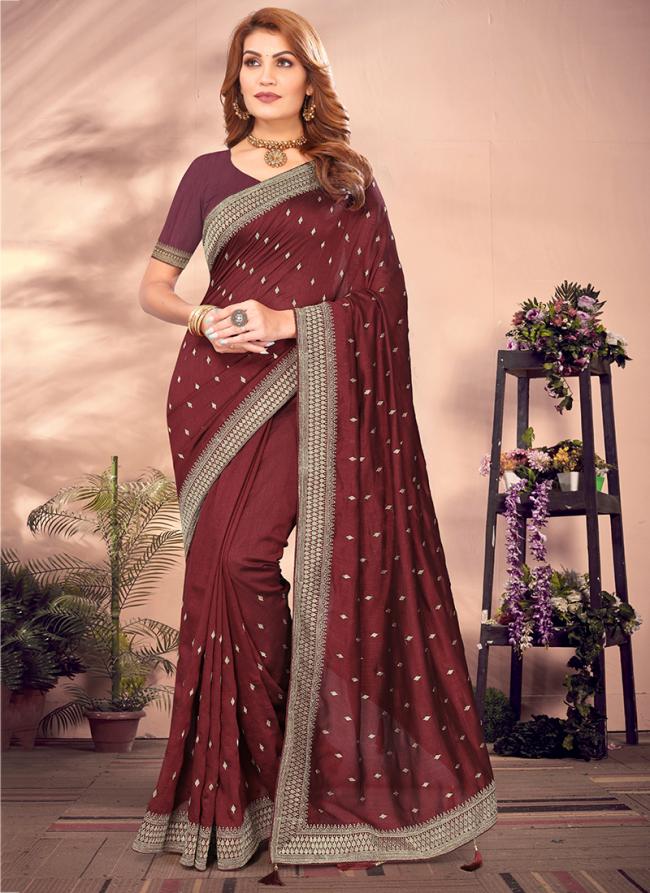 Vichitra Blooming Maroon Wedding Wear Embroidery Work Saree